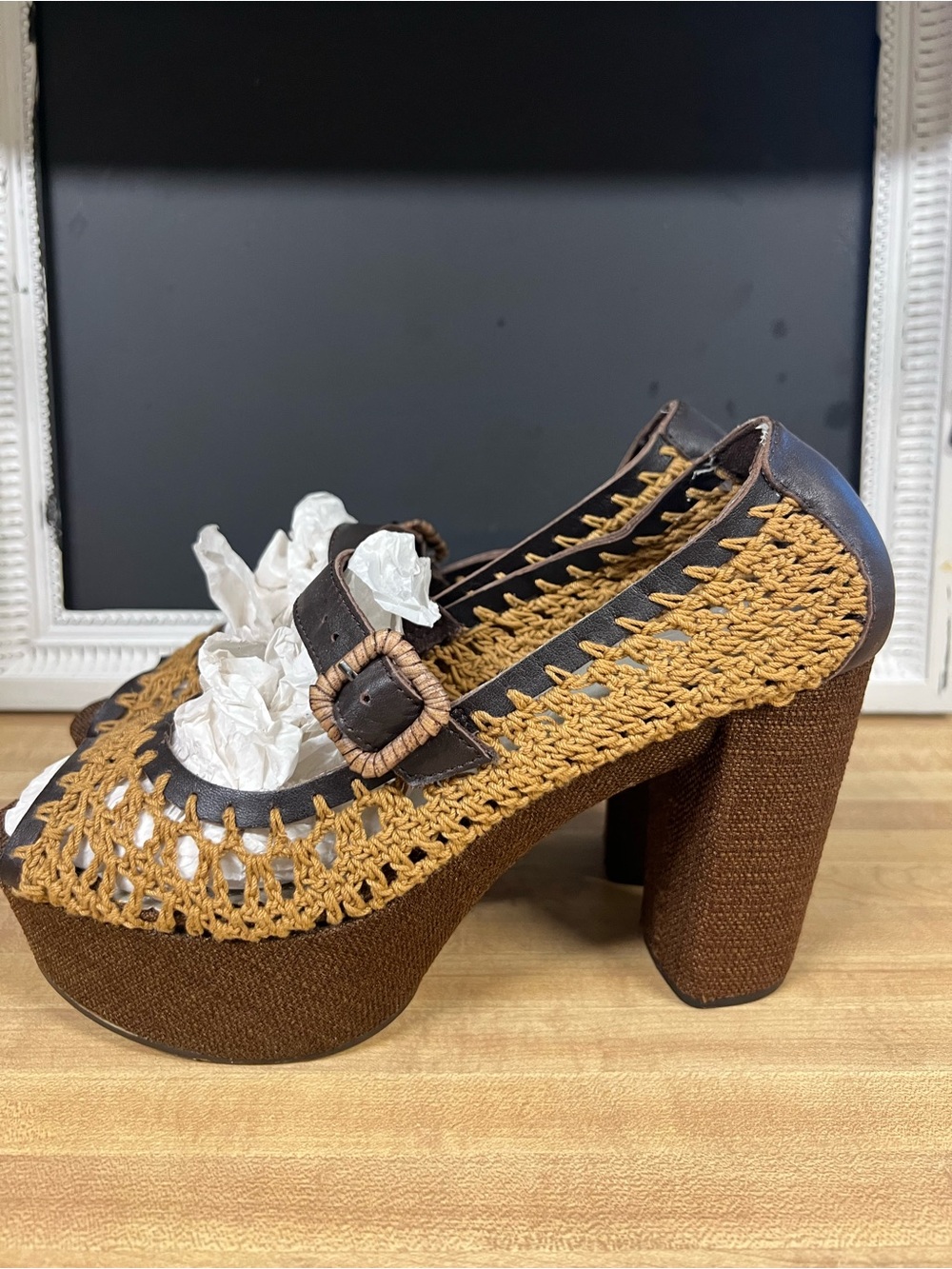 Unleashed Boho macrame chunky Mary Jane strap heels - Picture 4 of 7